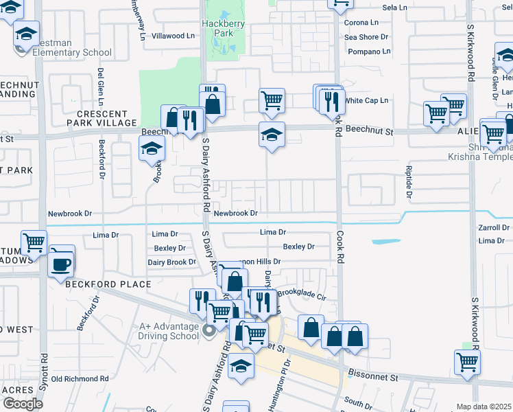 map of restaurants, bars, coffee shops, grocery stores, and more near 12516 Newbrook Drive in Houston