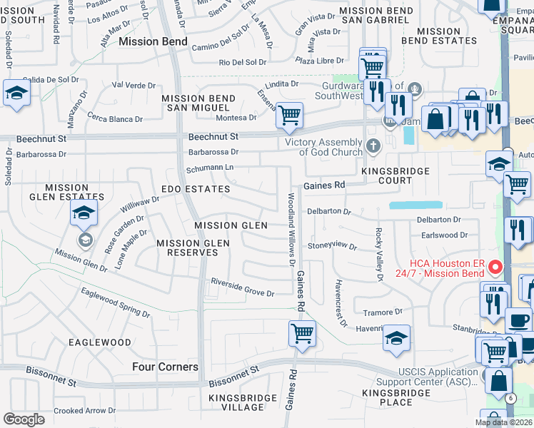 map of restaurants, bars, coffee shops, grocery stores, and more near 15425 Scenic Haven Drive in Houston