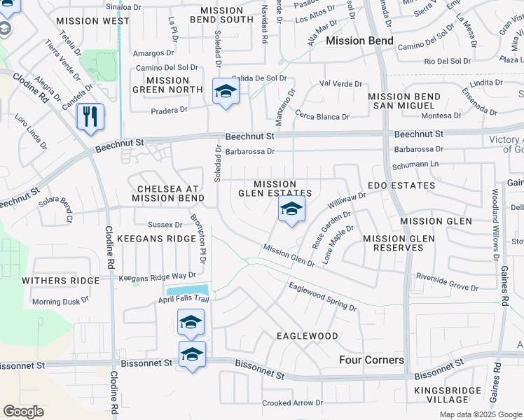 map of restaurants, bars, coffee shops, grocery stores, and more near 8415 Ash Garden Court in Houston