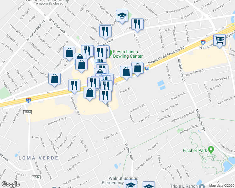 map of restaurants, bars, coffee shops, grocery stores, and more near 961 Interstate 35 in New Braunfels