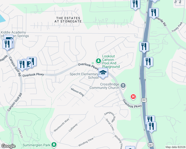 map of restaurants, bars, coffee shops, grocery stores, and more near 1838 Vinca Manor in San Antonio