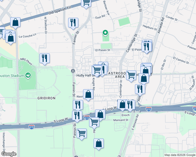 map of restaurants, bars, coffee shops, grocery stores, and more near 2114 Holly Hall Street in Houston