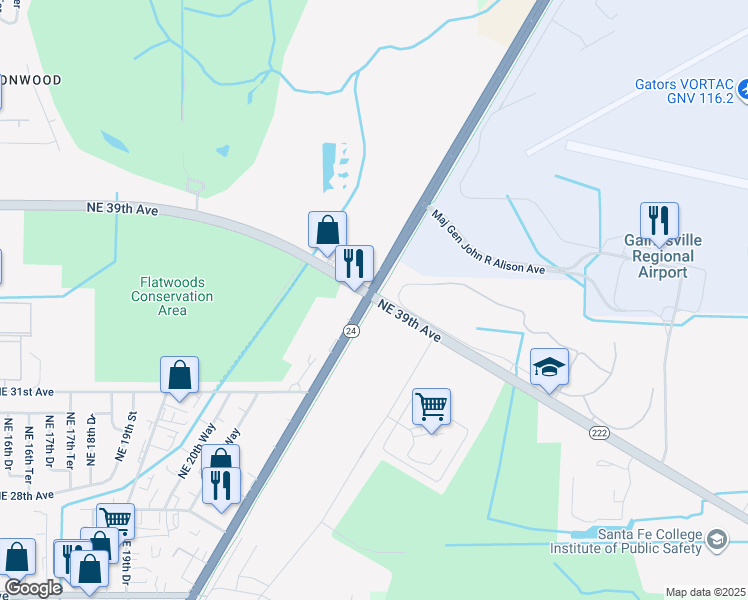 map of restaurants, bars, coffee shops, grocery stores, and more near 2715 Northeast 39th Avenue in Gainesville