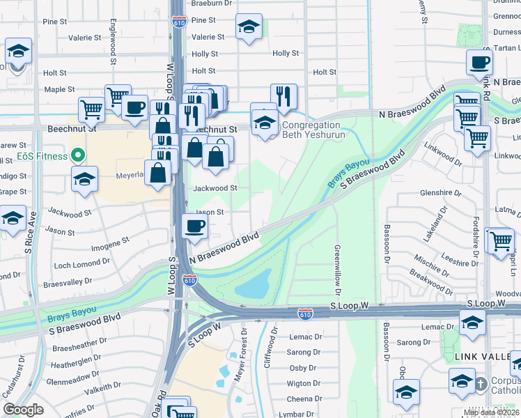 map of restaurants, bars, coffee shops, grocery stores, and more near 8877 Frankway Drive in Houston