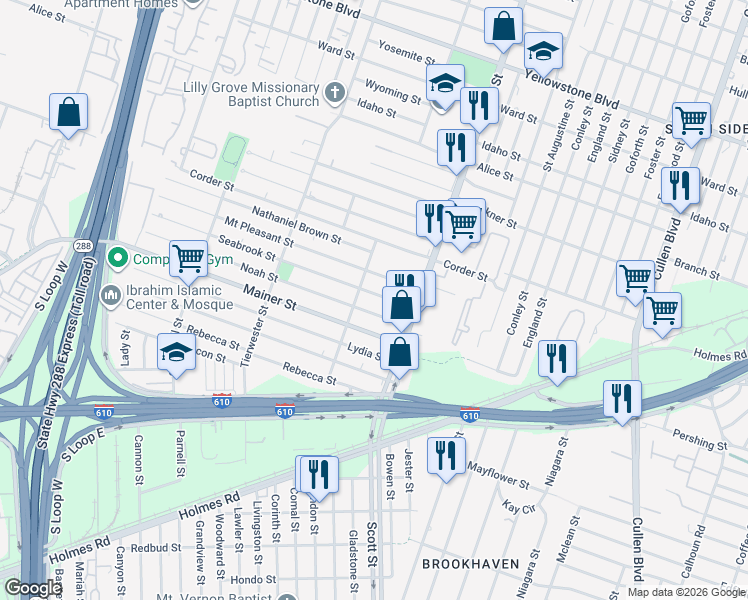 map of restaurants, bars, coffee shops, grocery stores, and more near 3814 Seabrook Street in Houston
