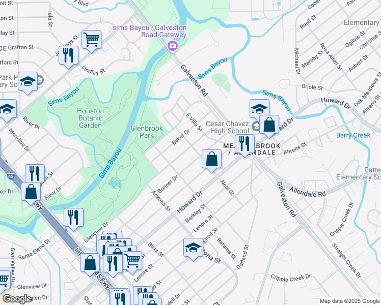 map of restaurants, bars, coffee shops, grocery stores, and more near 8346 Glenview Drive in Houston