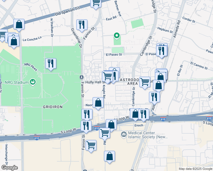 map of restaurants, bars, coffee shops, grocery stores, and more near 8301 Knight Road in Houston