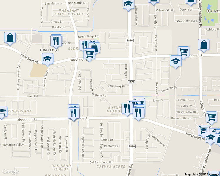 map of restaurants, bars, coffee shops, grocery stores, and more near 8626 Causeway Dr in Houston