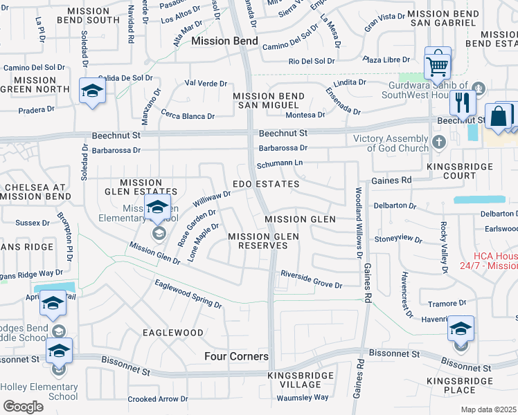 map of restaurants, bars, coffee shops, grocery stores, and more near 15802 Mission Bridge Court in Houston