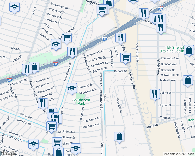 map of restaurants, bars, coffee shops, grocery stores, and more near 5914 Southurst Street in Houston