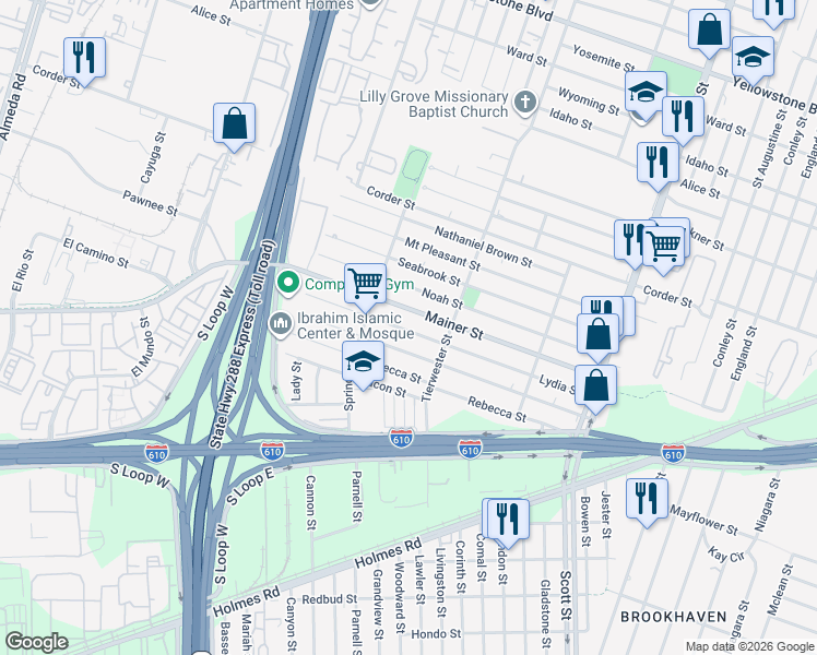 map of restaurants, bars, coffee shops, grocery stores, and more near 3539 Lydia Street in Houston