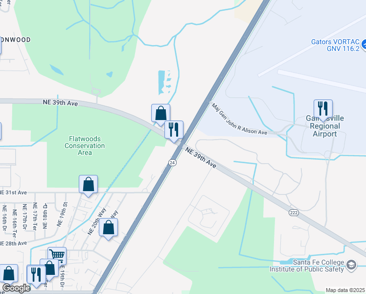 map of restaurants, bars, coffee shops, grocery stores, and more near Northeast 39th Avenue in Gainesville