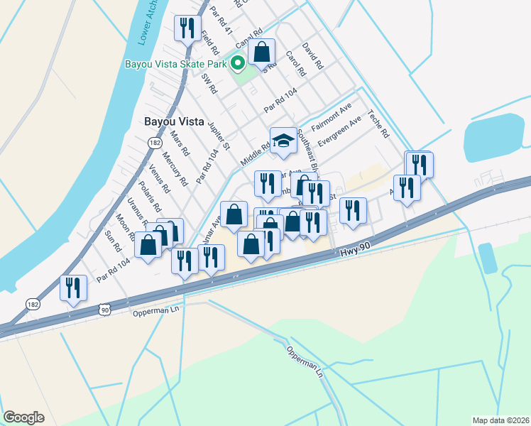 map of restaurants, bars, coffee shops, grocery stores, and more near 1271 Belleview St in Morgan City
