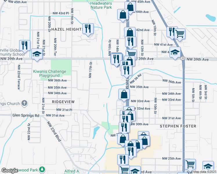 map of restaurants, bars, coffee shops, grocery stores, and more near 1500 Northwest 34th Place in Gainesville