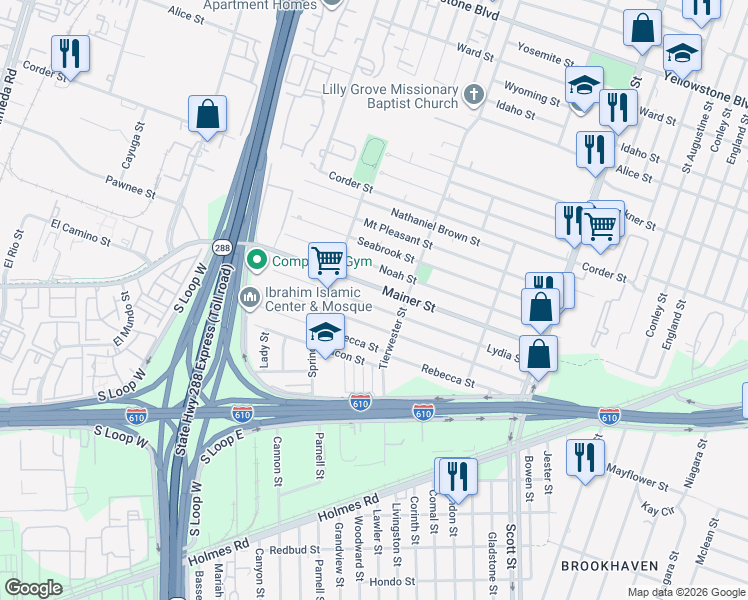 map of restaurants, bars, coffee shops, grocery stores, and more near 3539 Lydia Street in Houston