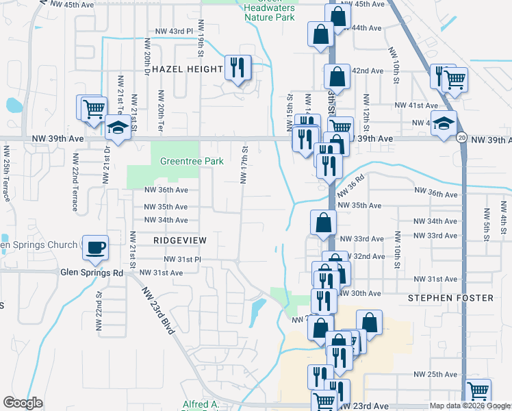 map of restaurants, bars, coffee shops, grocery stores, and more near 1644 Northwest 34th Place in Gainesville