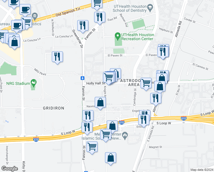map of restaurants, bars, coffee shops, grocery stores, and more near 8301 Knight Road in Houston