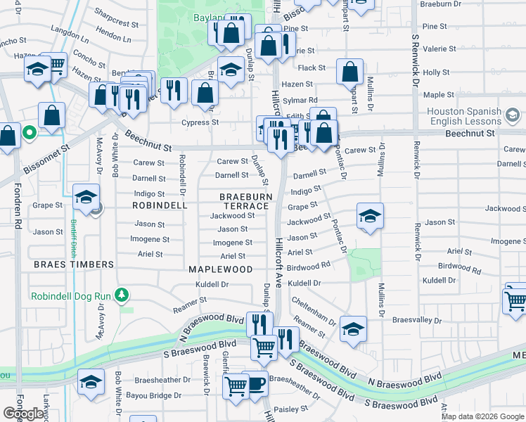 map of restaurants, bars, coffee shops, grocery stores, and more near 5802 Jackwood Street in Houston