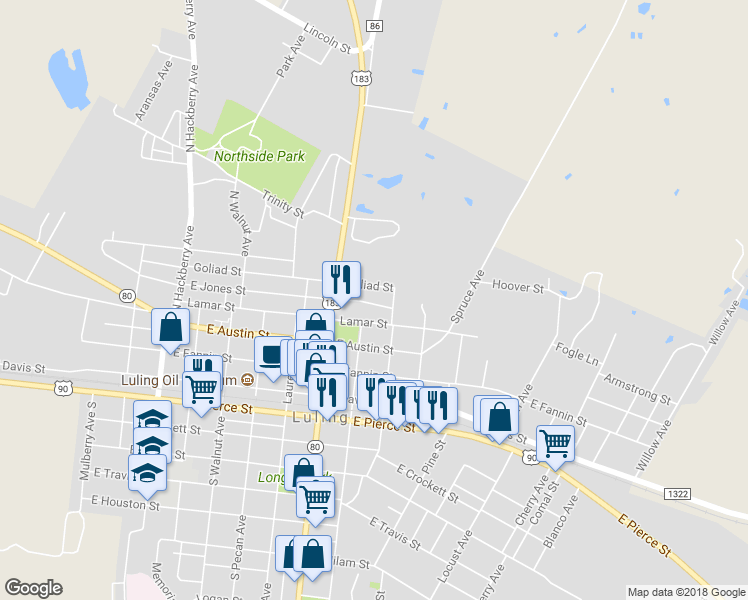 map of restaurants, bars, coffee shops, grocery stores, and more near 807 East Jones Street in Luling