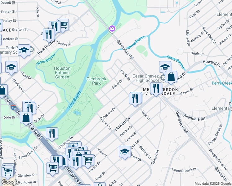 map of restaurants, bars, coffee shops, grocery stores, and more near 8318 Baker Drive in Houston
