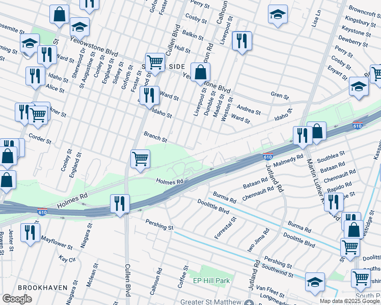 map of restaurants, bars, coffee shops, grocery stores, and more near 4734 Branch Street in Houston