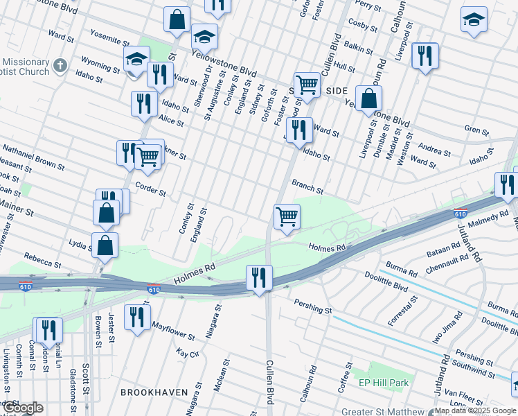 map of restaurants, bars, coffee shops, grocery stores, and more near 7130 Eastwood Street in Houston