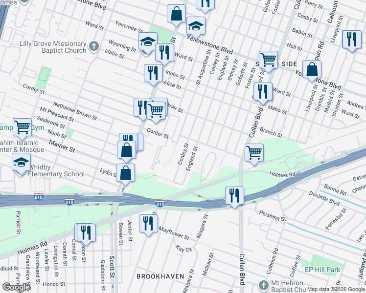 map of restaurants, bars, coffee shops, grocery stores, and more near 7214 Conley Street in Houston