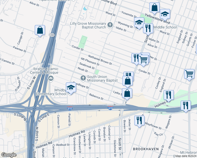 map of restaurants, bars, coffee shops, grocery stores, and more near 3630 Noah Street in Houston