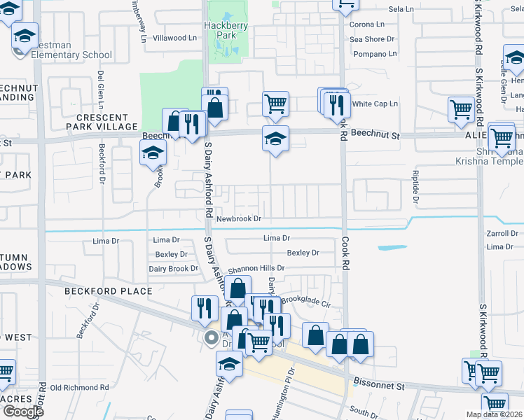 map of restaurants, bars, coffee shops, grocery stores, and more near 12516 Newbrook Drive in Houston