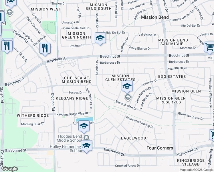 map of restaurants, bars, coffee shops, grocery stores, and more near 8415 Ash Garden Court in Houston