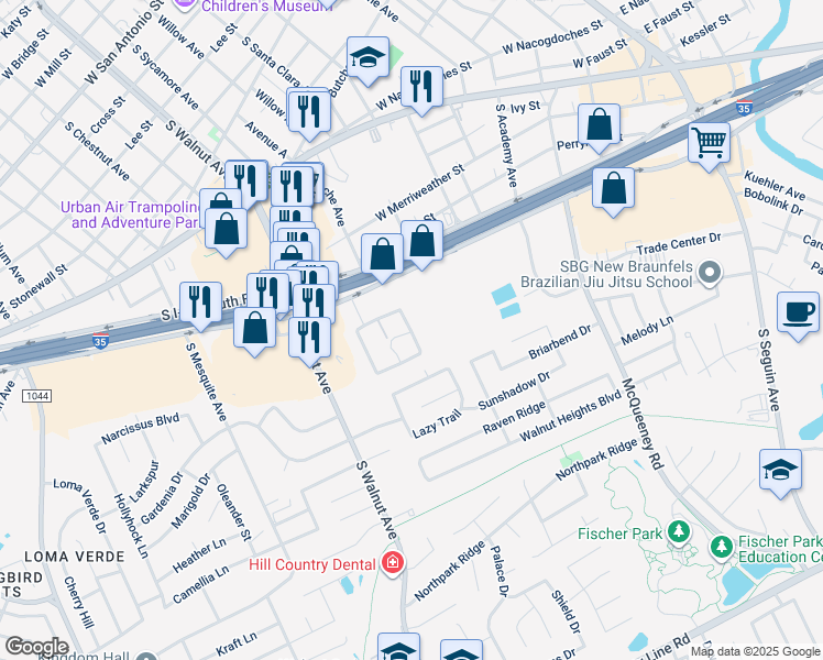 map of restaurants, bars, coffee shops, grocery stores, and more near 1159 Winston Avenue in New Braunfels