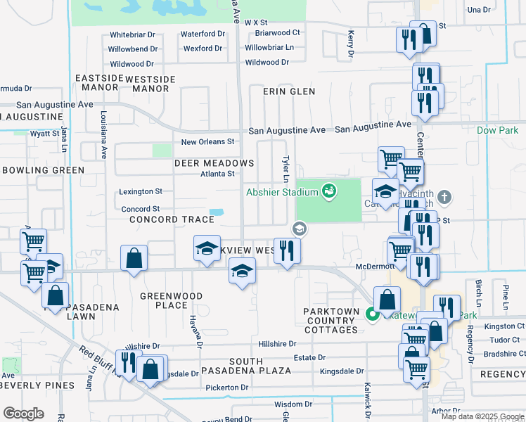 map of restaurants, bars, coffee shops, grocery stores, and more near 2705 Lufkin Ln in Deer Park
