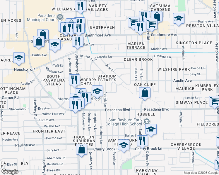 map of restaurants, bars, coffee shops, grocery stores, and more near 1902 Linda Lane in Pasadena