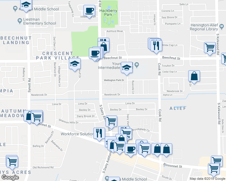 map of restaurants, bars, coffee shops, grocery stores, and more near 12572 Newbrook Drive in Houston