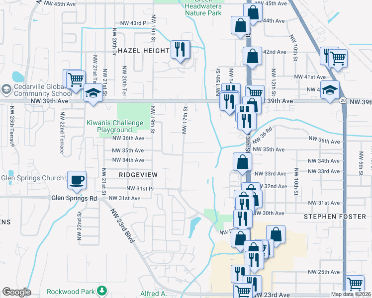 map of restaurants, bars, coffee shops, grocery stores, and more near 1644 Northwest 34th Place in Gainesville