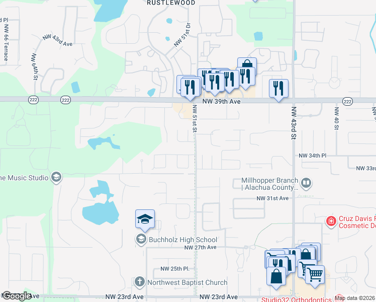 map of restaurants, bars, coffee shops, grocery stores, and more near 5122 Northwest 34 Place in Gainesville