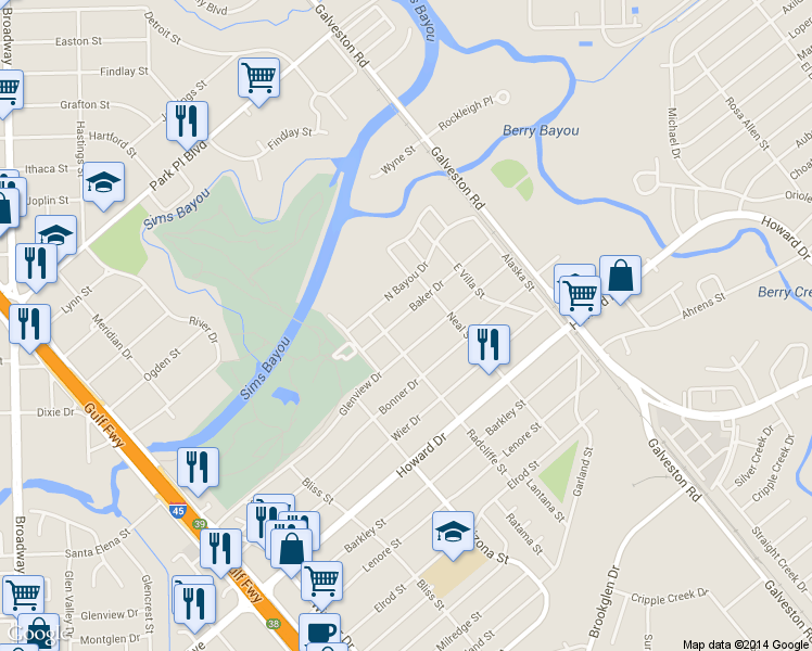 map of restaurants, bars, coffee shops, grocery stores, and more near 8318 Baker Drive in Houston