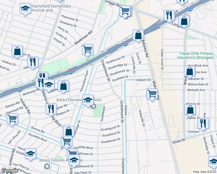 map of restaurants, bars, coffee shops, grocery stores, and more near 5863 Southurst Street in Houston