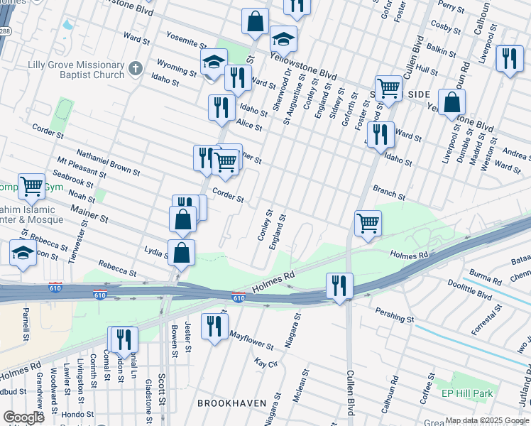 map of restaurants, bars, coffee shops, grocery stores, and more near 7214 Conley Street in Houston