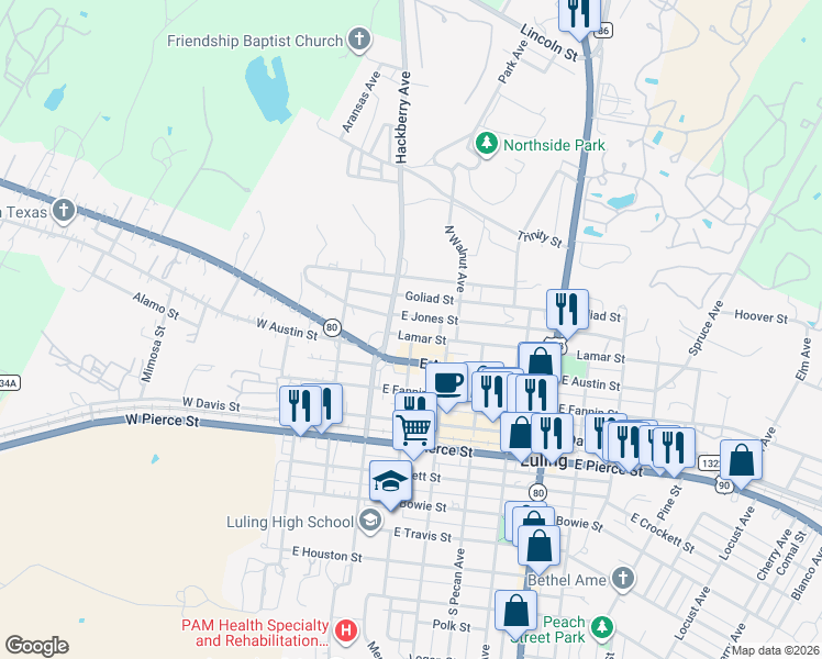 map of restaurants, bars, coffee shops, grocery stores, and more near 516 North Hackberry Avenue in Luling