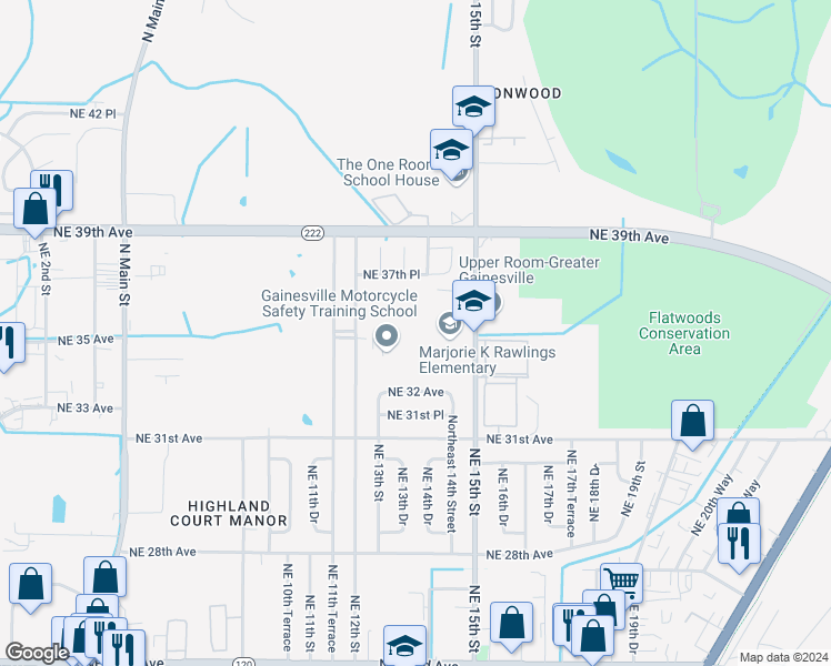 map of restaurants, bars, coffee shops, grocery stores, and more near 3500 Northeast 15th Street in Gainesville