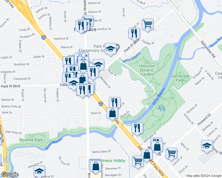 map of restaurants, bars, coffee shops, grocery stores, and more near 3988 Meridian Drive in Houston