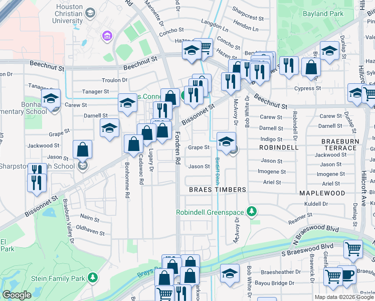 map of restaurants, bars, coffee shops, grocery stores, and more near 6617 Grape St in Houston
