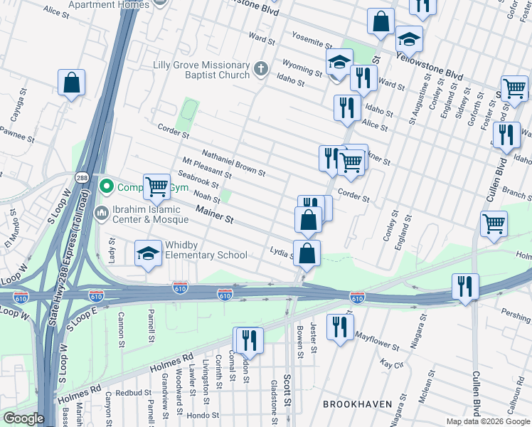map of restaurants, bars, coffee shops, grocery stores, and more near 3725 Noah Street in Houston