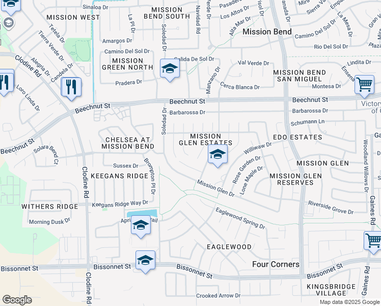 map of restaurants, bars, coffee shops, grocery stores, and more near 8415 Ash Garden Court in Houston
