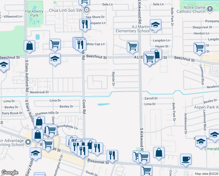 map of restaurants, bars, coffee shops, grocery stores, and more near 8519 Cookwind Drive in Houston