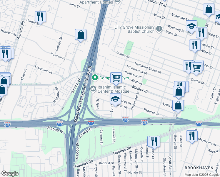 map of restaurants, bars, coffee shops, grocery stores, and more near 3445 Good Hope Street in Houston