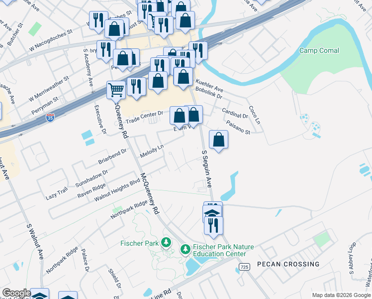 map of restaurants, bars, coffee shops, grocery stores, and more near 116 Morales Court in New Braunfels