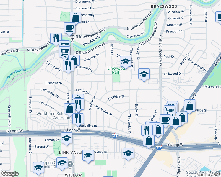 map of restaurants, bars, coffee shops, grocery stores, and more near 9018 Ilona Lane in Houston