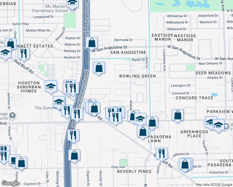 map of restaurants, bars, coffee shops, grocery stores, and more near 4109 Whirlaway Drive in Pasadena